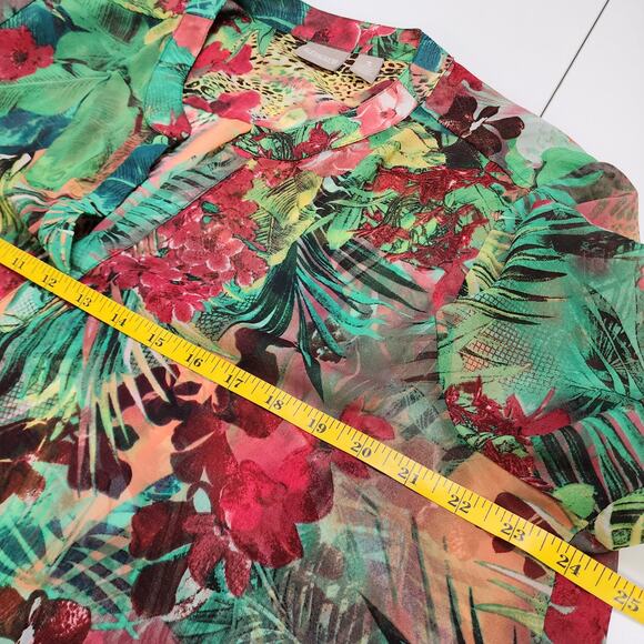 Chicos Womens Tie Front Tropical Blouse Size XL Split Neck Leopard Palm Leaf - Picture 8 of 9